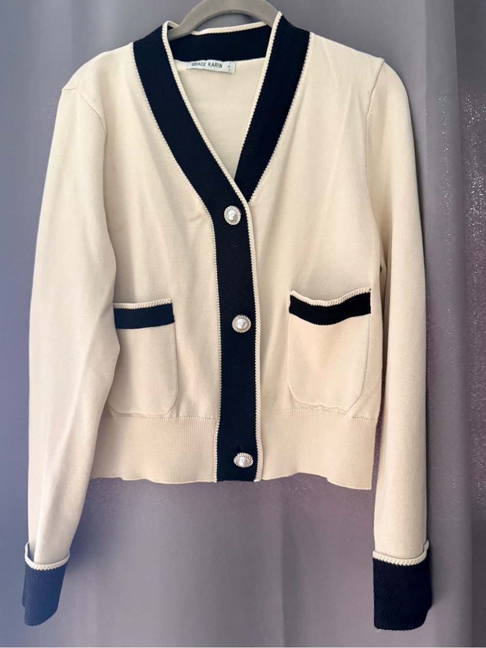 Grace Karin Cream Cardigan with Black Trim and Pearl Buttons